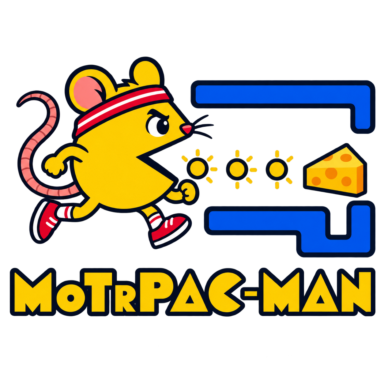 Original MoTrPAC-Man presentation logo: a running yellow rat collecting molecular pellets